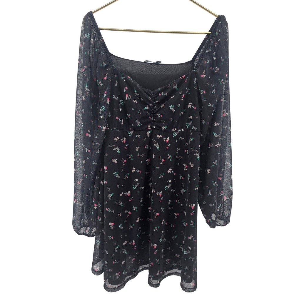 ASOS DESIGN Mini Dress Women 12 Black Floral Mesh Ruched Square Neck Long Sleeve